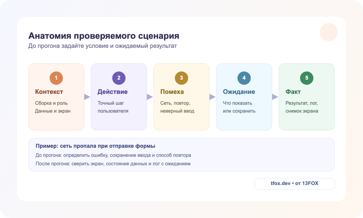 Анатомия проверяемого сценария: контекст, действие, помеха, ожидание и фактический результат