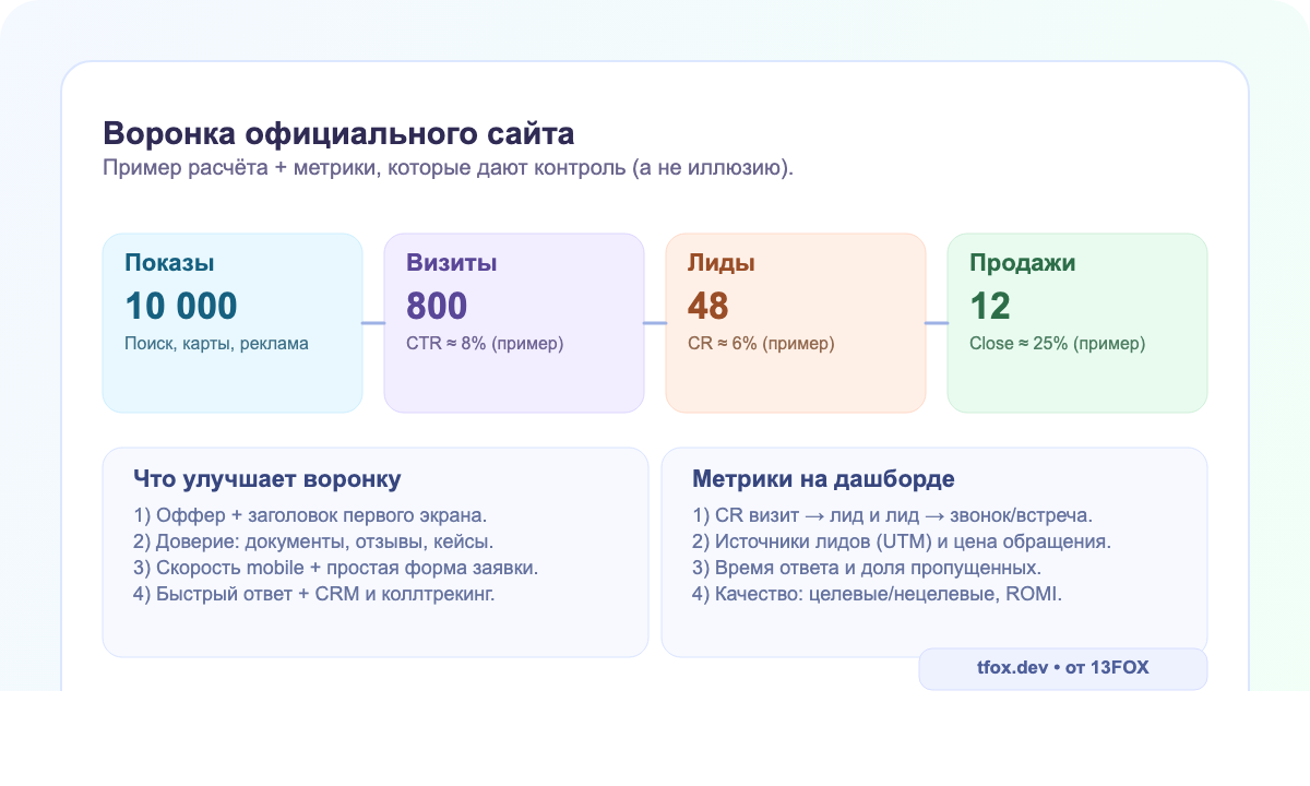 Воронка официального сайта: показы, визиты, лиды и продажи (пример)