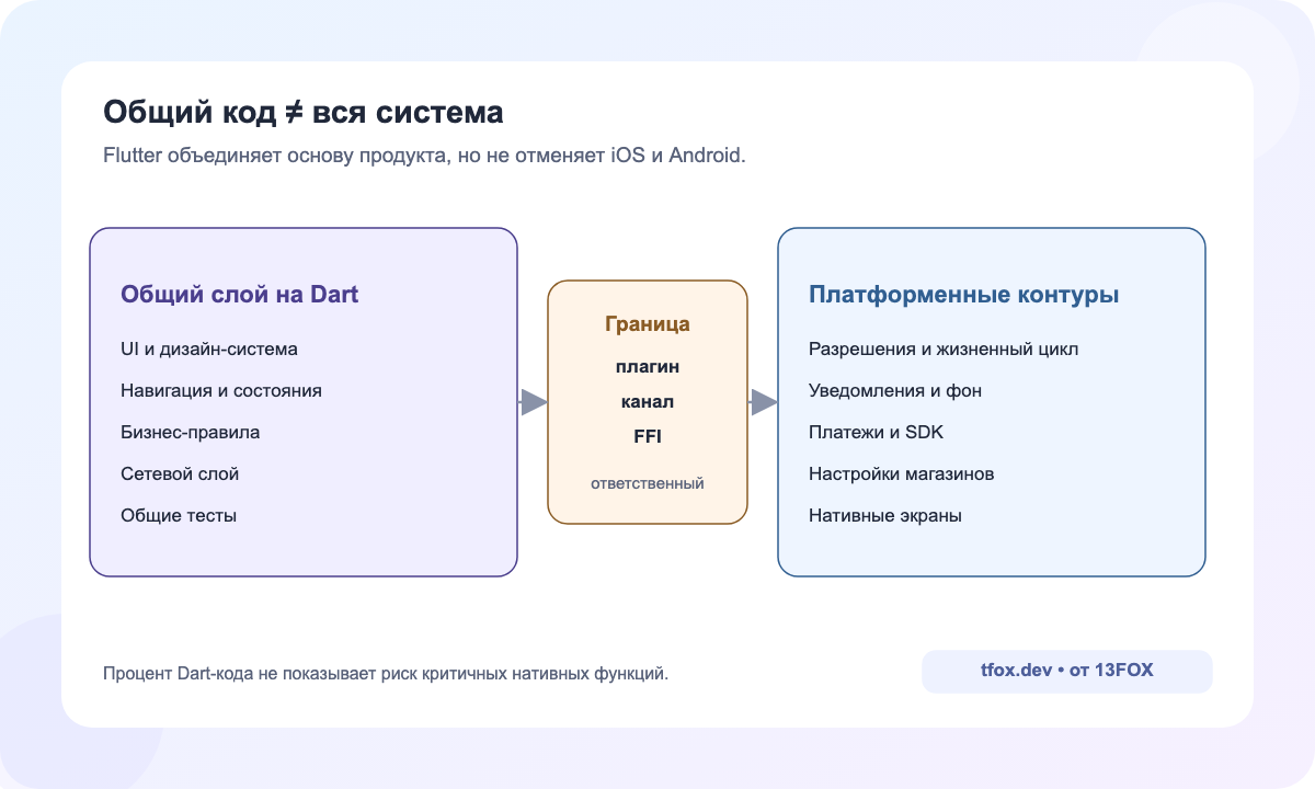 Слои Flutter-приложения: общее Dart-ядро, граница интеграции и нативные контуры iOS и Android