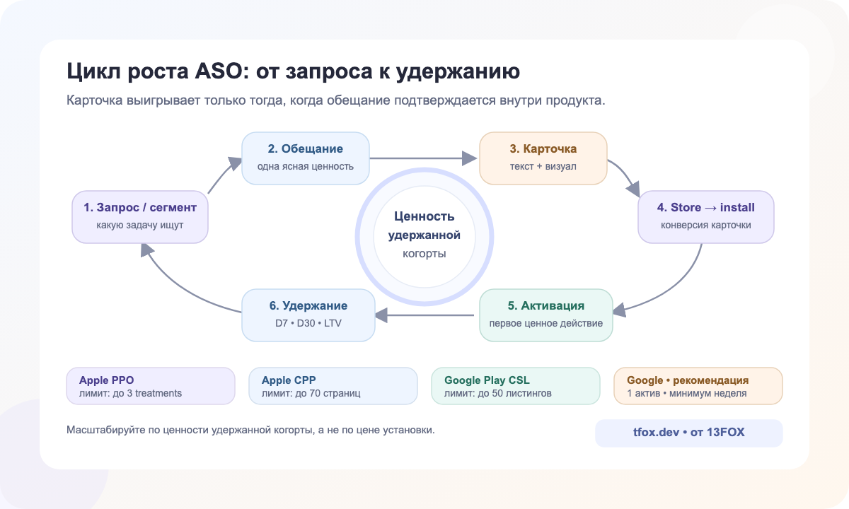 Цикл ASO: запрос и сегмент, обещание, вариант карточки, установка, активация, удержание и решение о следующем тесте