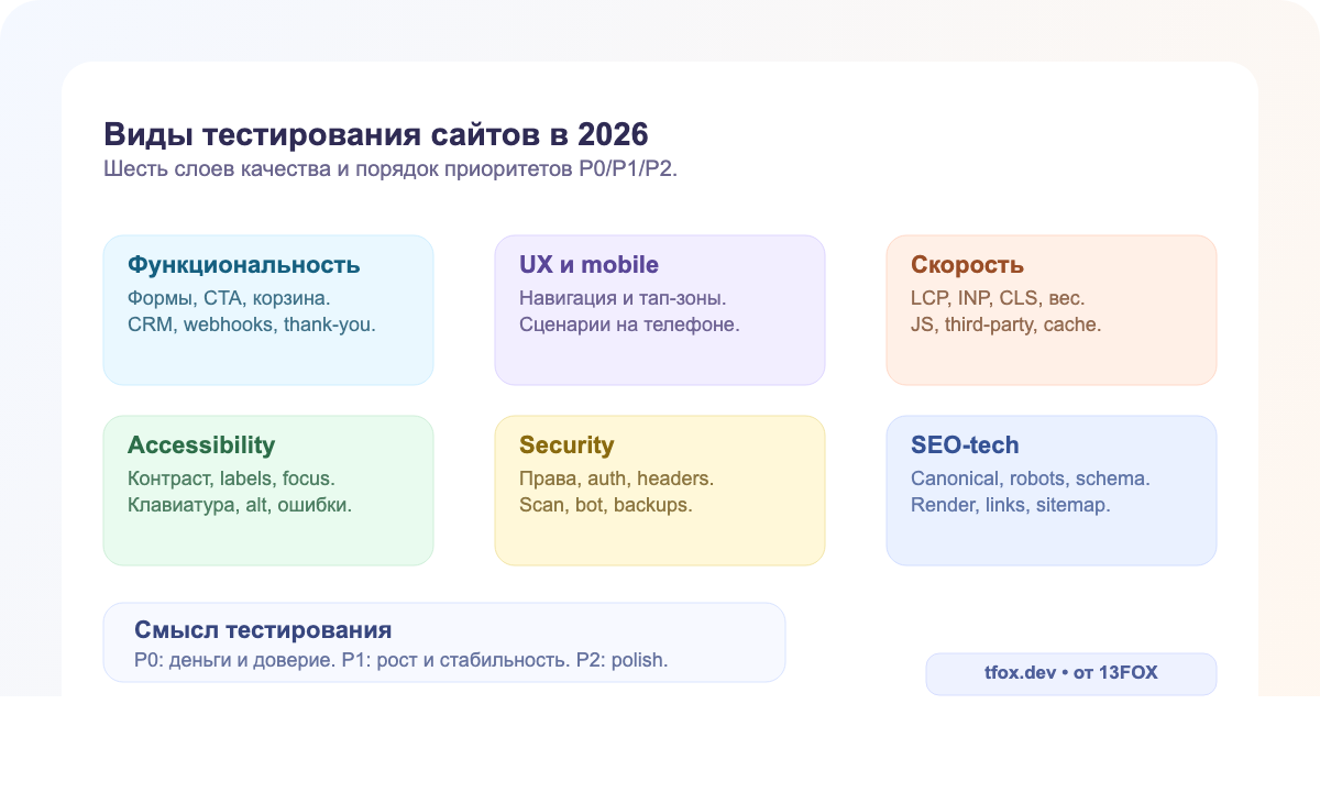 Шесть ключевых видов тестирования сайтов в 2026: функциональность, UX, скорость, accessibility, security и SEO-tech