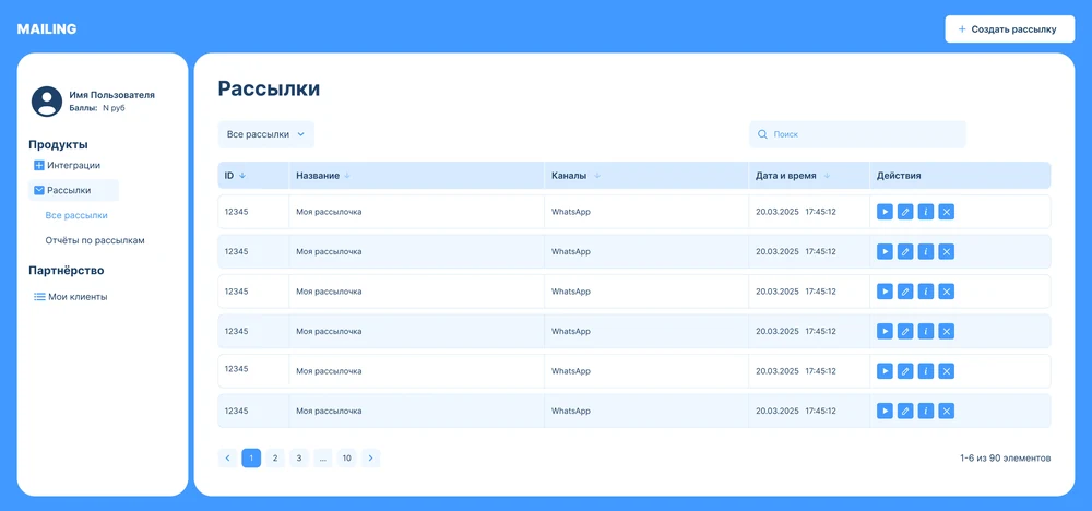 Настоящий кабинет рассылок Malling рядом с CRM